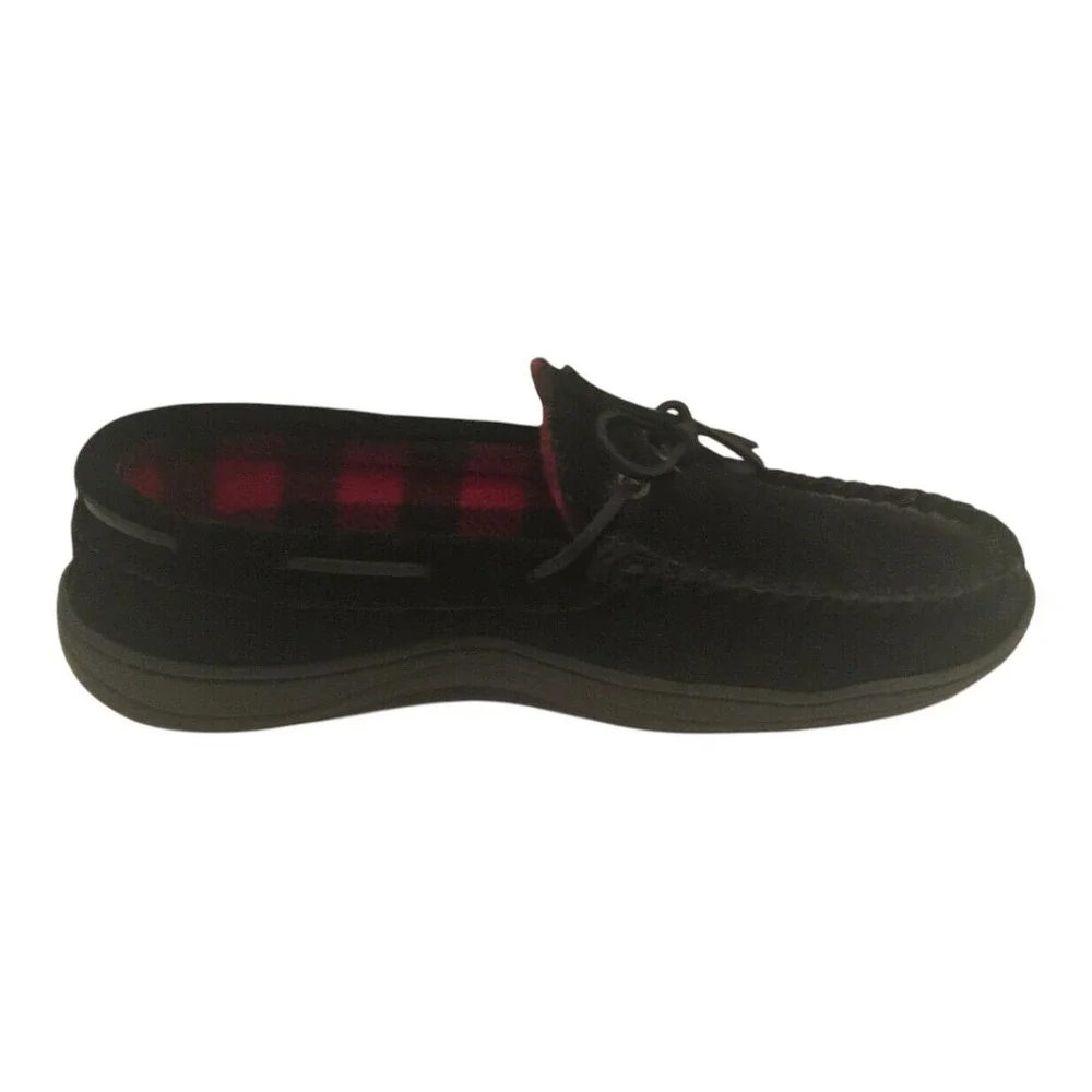 Clarks Mens Casual Moccasins Size 11M Black Leather Red Buffalo Plaid Lining